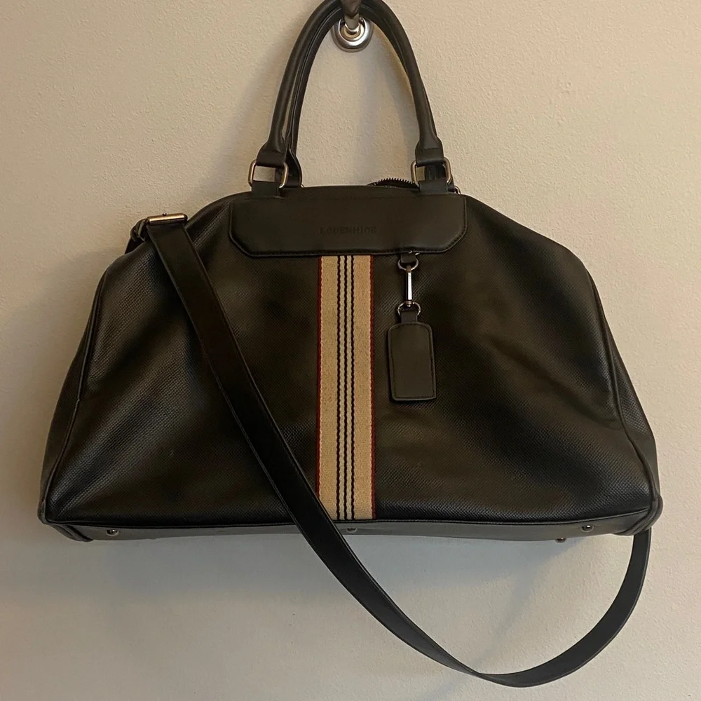 Louenhide Black and Cream Men's Vegan Leather Weekender Travel Bag w/Dual Straps